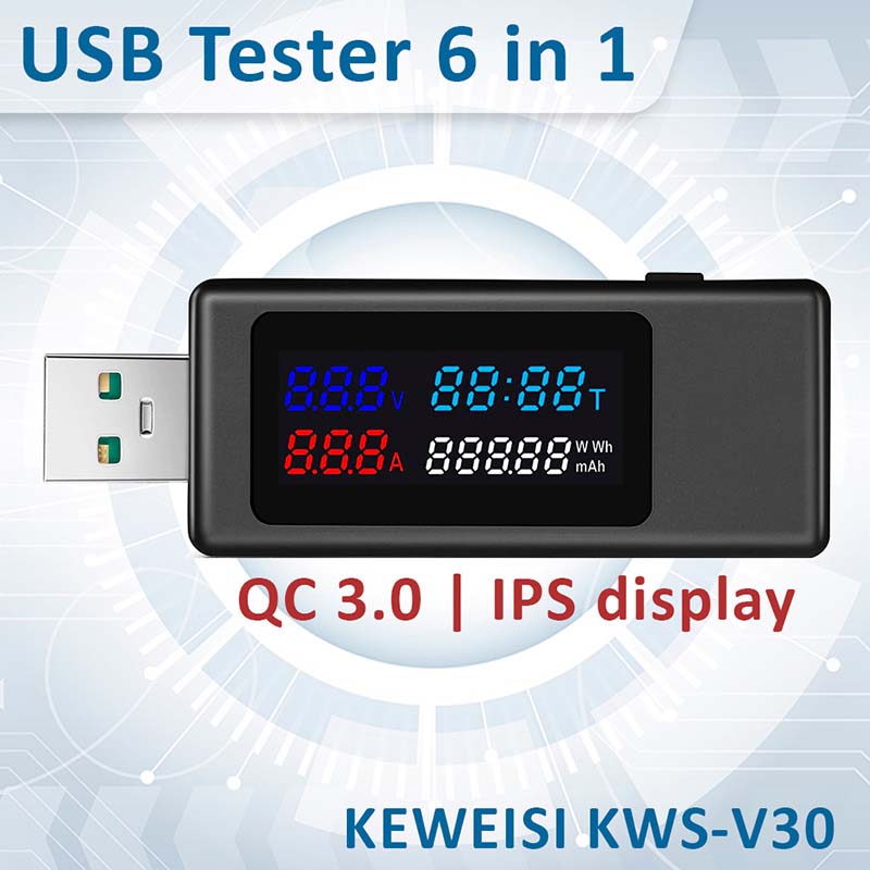 [2000996205630] USB тестер тока напряжения емкости KEWEISI KWS-V30 QC3.0 / 4-30V / 195W / 6.5A Black
